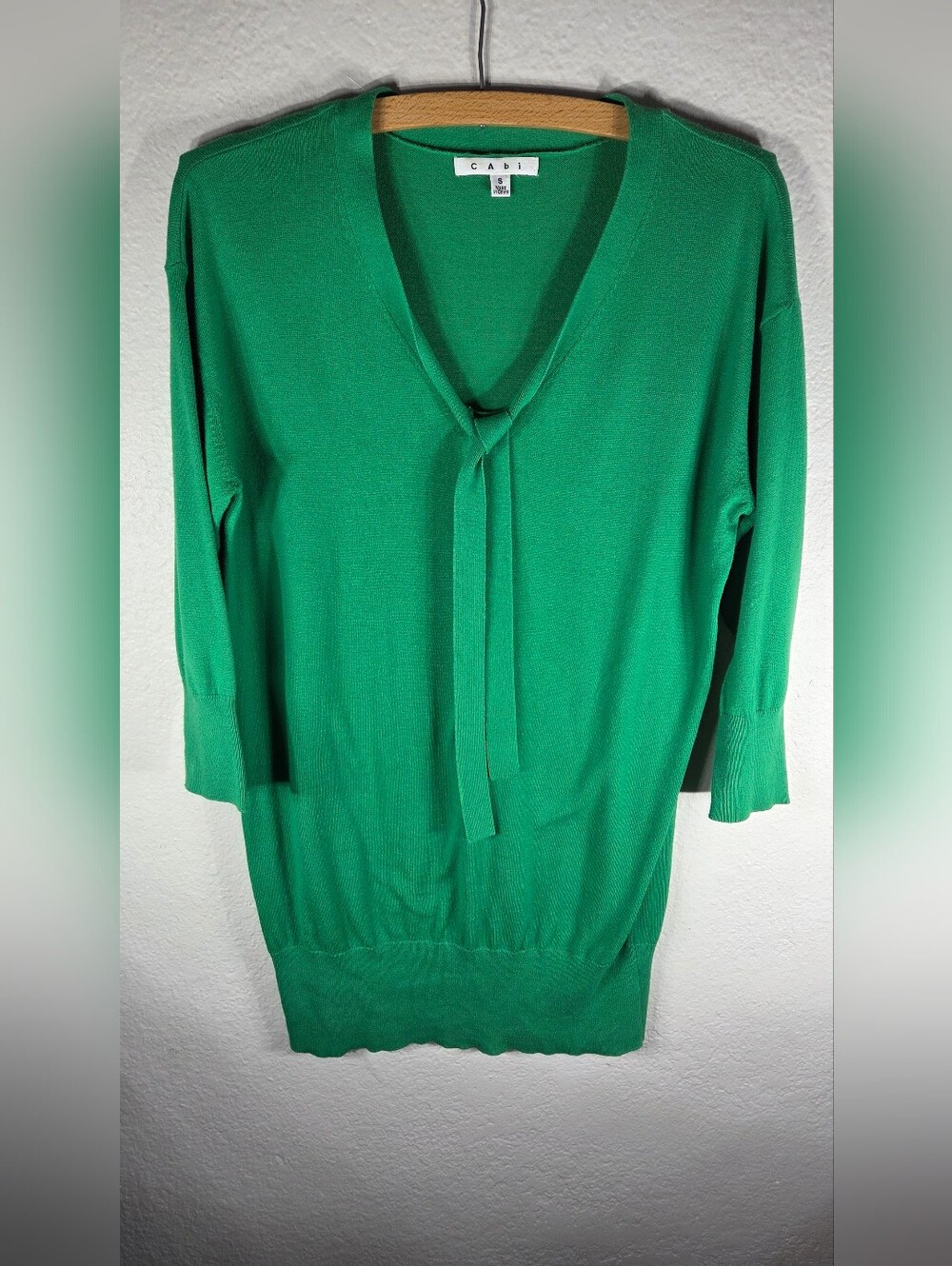 CAbi Green Knit Long Cardigan Sweater Tie Neck Size Small V-Neck 3/4 Sleeve